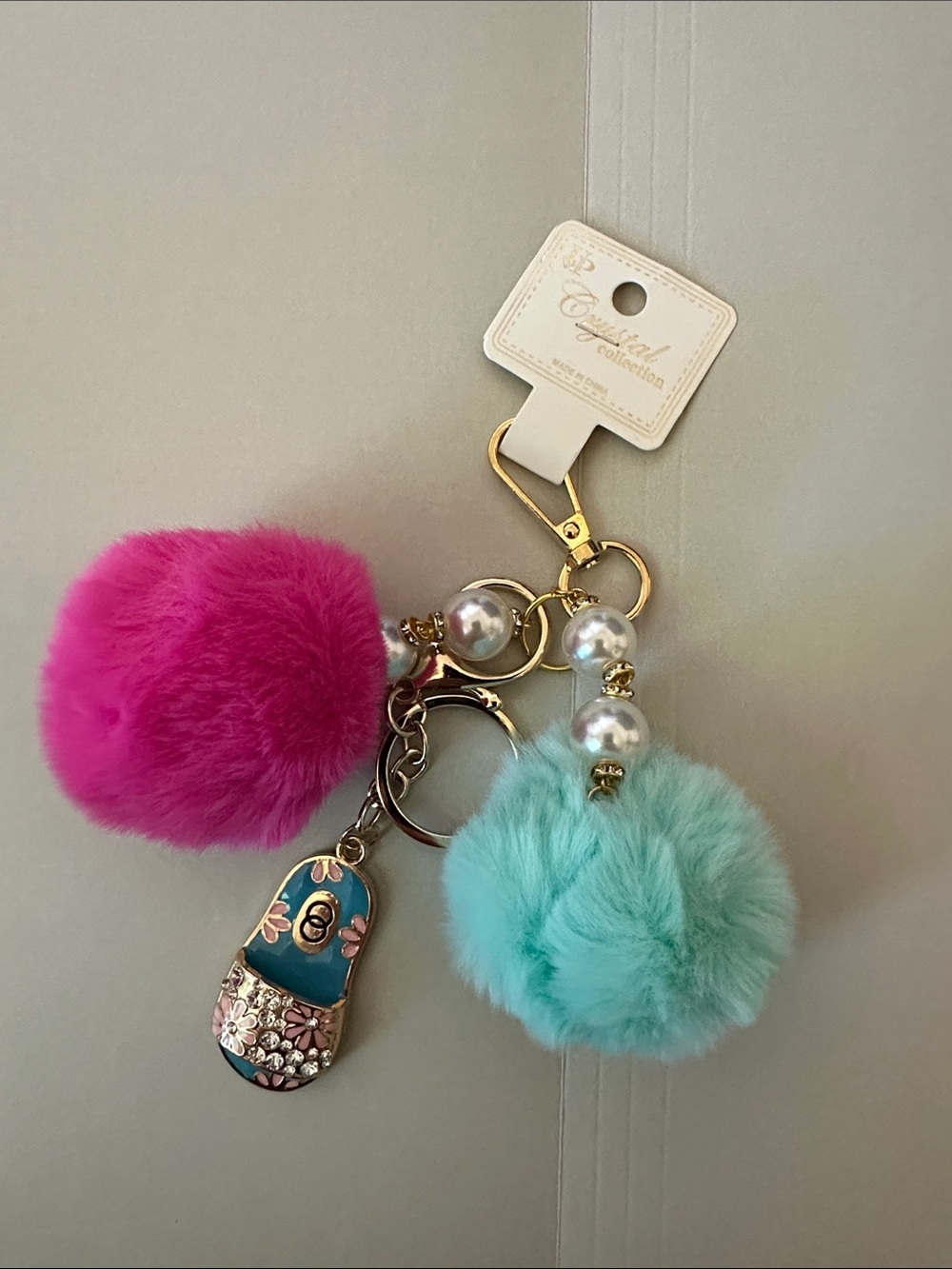 Faux Fur Pom Pom Keychain with Pearl Accents - Pink & Aqua